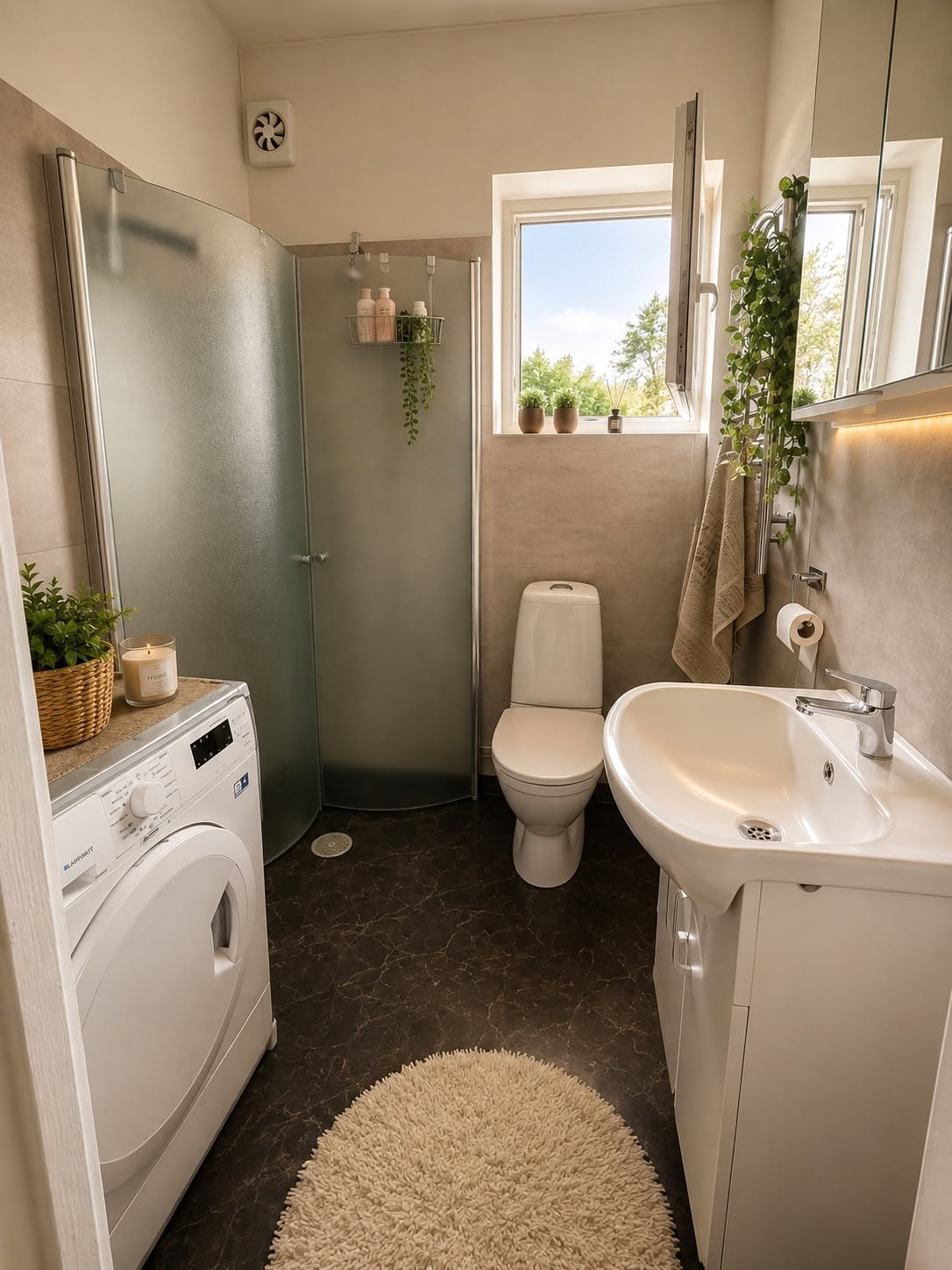 Badrum med dusch, wc och tvättmaskin