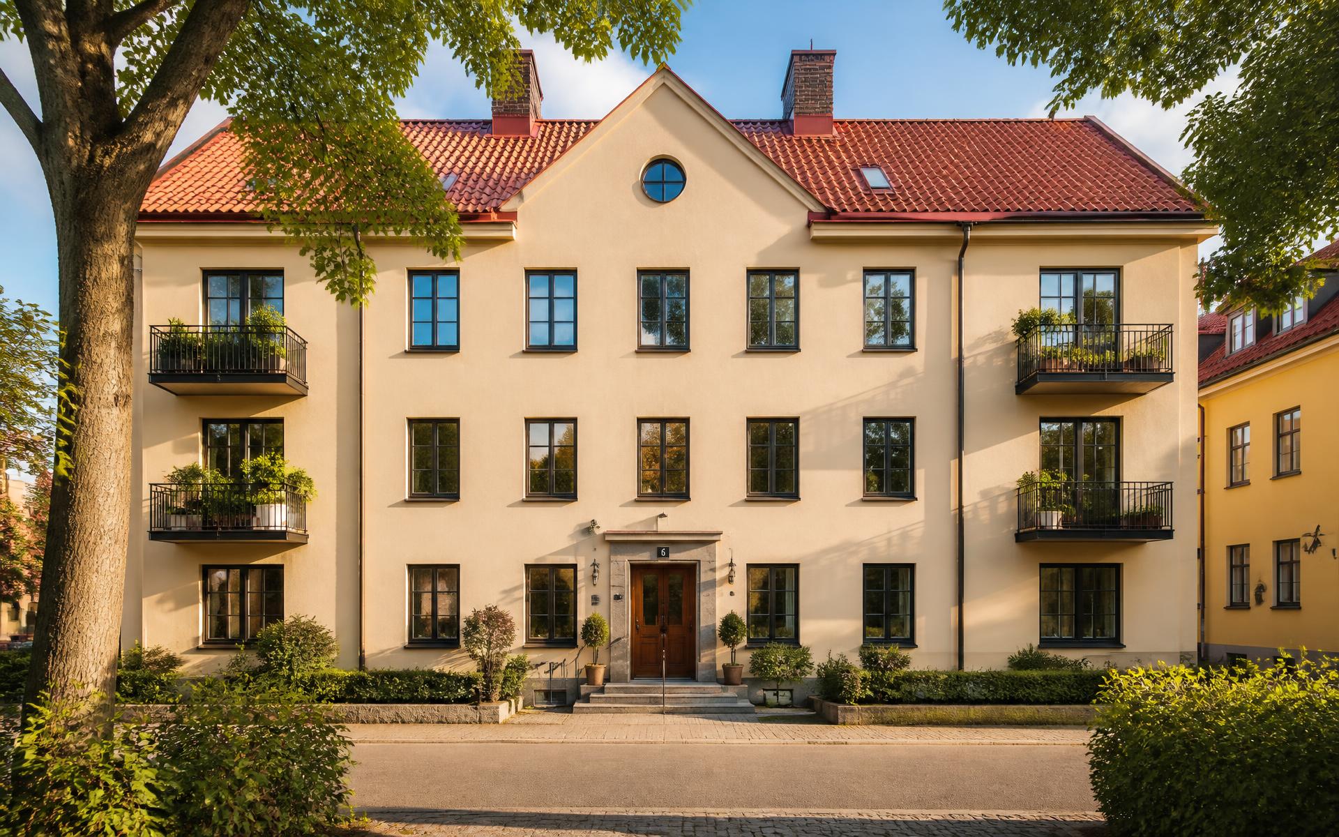 Fasad på ett välskött hyreshus i Limmared i mjukt dagsljus